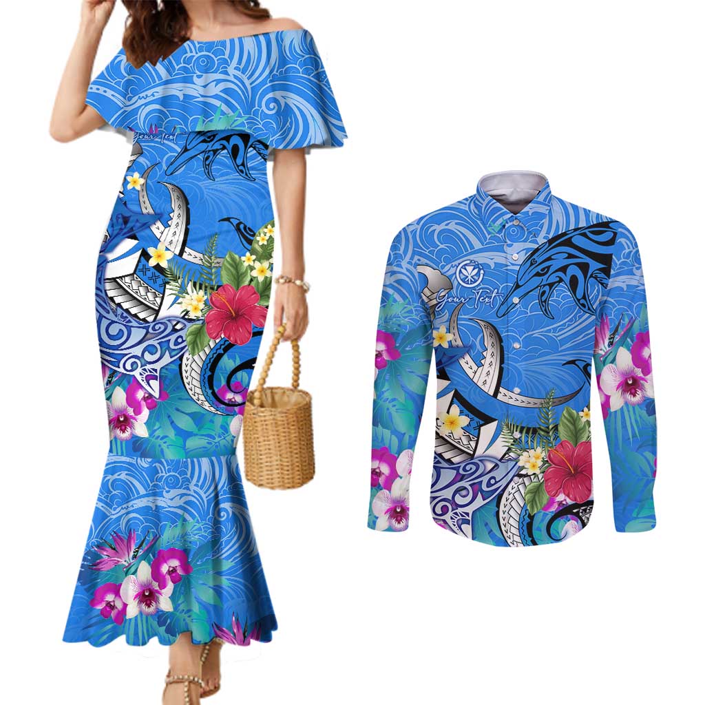 Aloha Hawaii Couples Matching Mermaid Dress and Long Sleeve Button Shirt Dolphins and Fish Hook Hibiscus