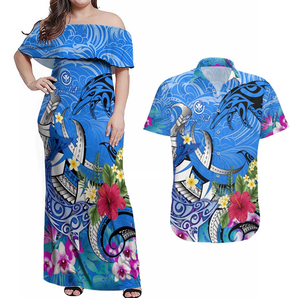 Aloha Hawaii Couples Matching Off Shoulder Maxi Dress and Hawaiian Shirt Dolphins and Fish Hook Hibiscus