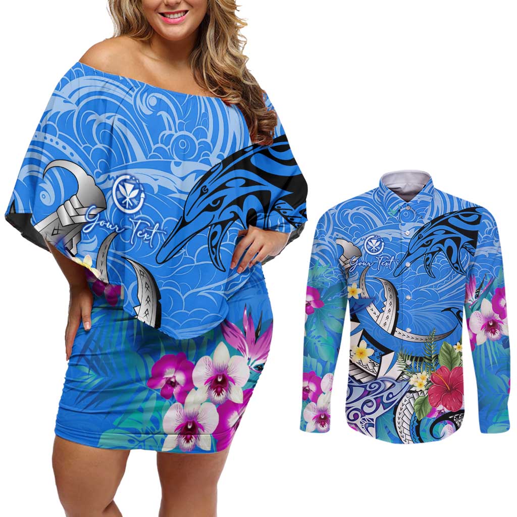 Aloha Hawaii Couples Matching Off Shoulder Short Dress and Long Sleeve Button Shirt Dolphins and Fish Hook Hibiscus