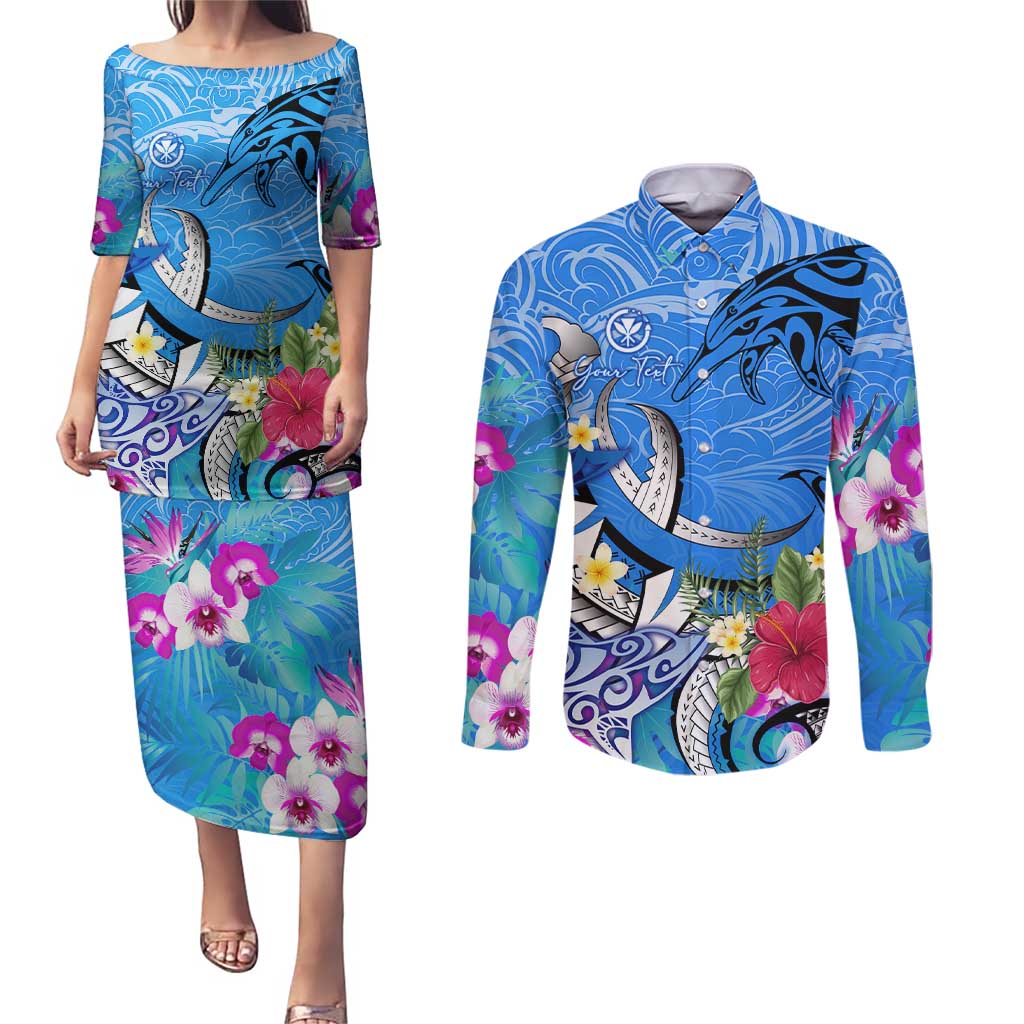 Aloha Hawaii Couples Matching Puletasi and Long Sleeve Button Shirt Dolphins and Fish Hook Hibiscus