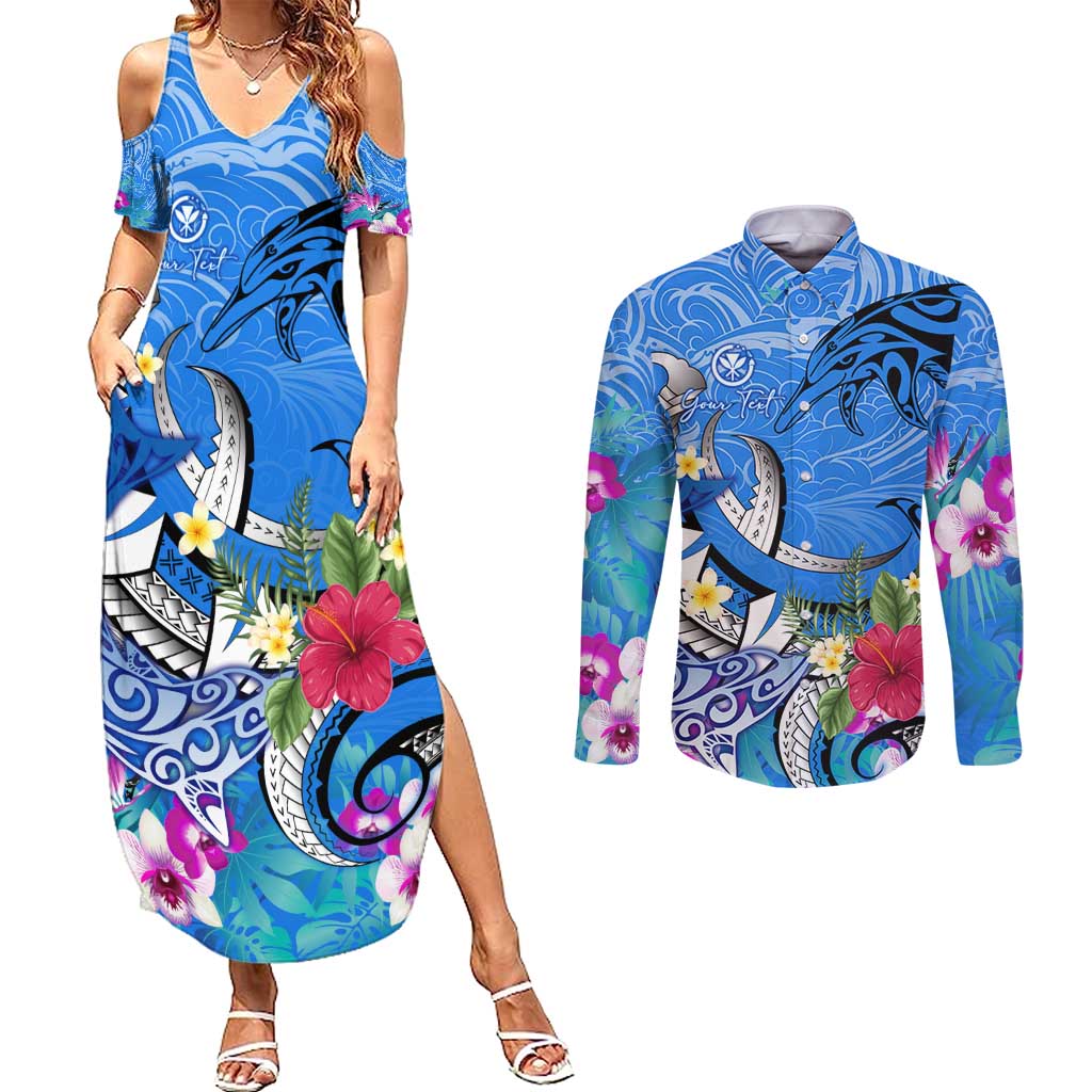 Aloha Hawaii Couples Matching Summer Maxi Dress and Long Sleeve Button Shirt Dolphins and Fish Hook Hibiscus
