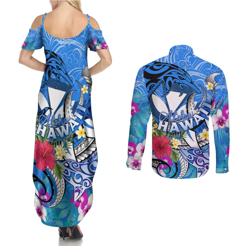 Aloha Hawaii Couples Matching Summer Maxi Dress and Long Sleeve Button Shirt Dolphins and Fish Hook Hibiscus