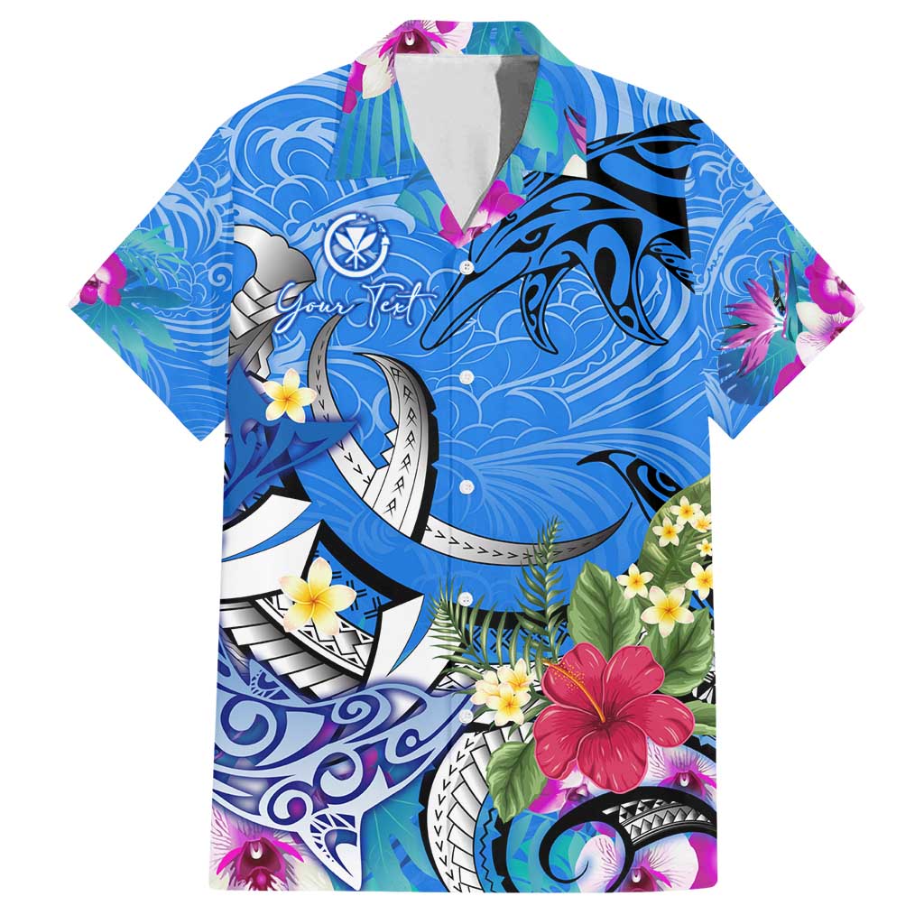 Aloha Hawaii Family Matching Long Sleeve Bodycon Dress and Hawaiian Shirt Dolphins and Fish Hook Hibiscus DT02 Dad's Shirt - Short Sleeve Blue - Polynesian Pride