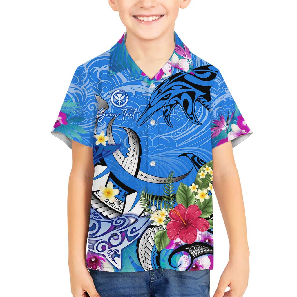 Aloha Hawaii Family Matching Long Sleeve Bodycon Dress and Hawaiian Shirt Dolphins and Fish Hook Hibiscus DT02 Son's Shirt Blue - Polynesian Pride