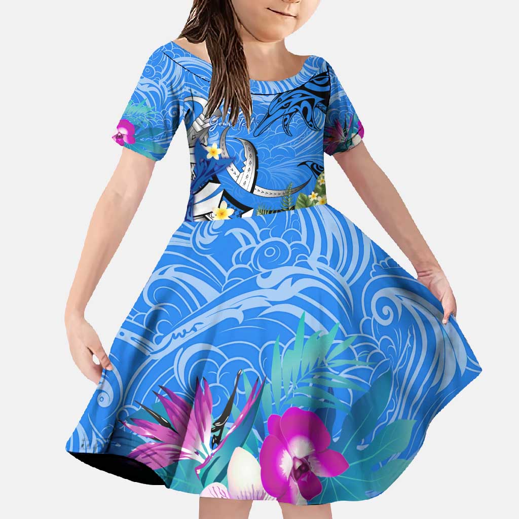 Aloha Hawaii Family Matching Mermaid Dress and Hawaiian Shirt Dolphins and Fish Hook Hibiscus DT02 Daughter's Dress Blue - Polynesian Pride
