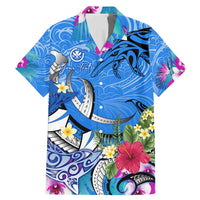Aloha Hawaii Family Matching Mermaid Dress and Hawaiian Shirt Dolphins and Fish Hook Hibiscus DT02 Dad's Shirt - Short Sleeve Blue - Polynesian Pride