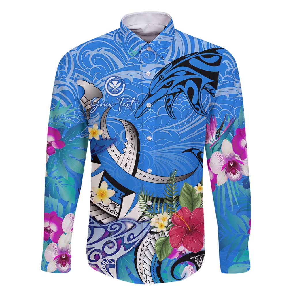 Aloha Hawaii Family Matching Mermaid Dress and Hawaiian Shirt Dolphins and Fish Hook Hibiscus DT02 Dad's Shirt - Long Sleeve Blue - Polynesian Pride