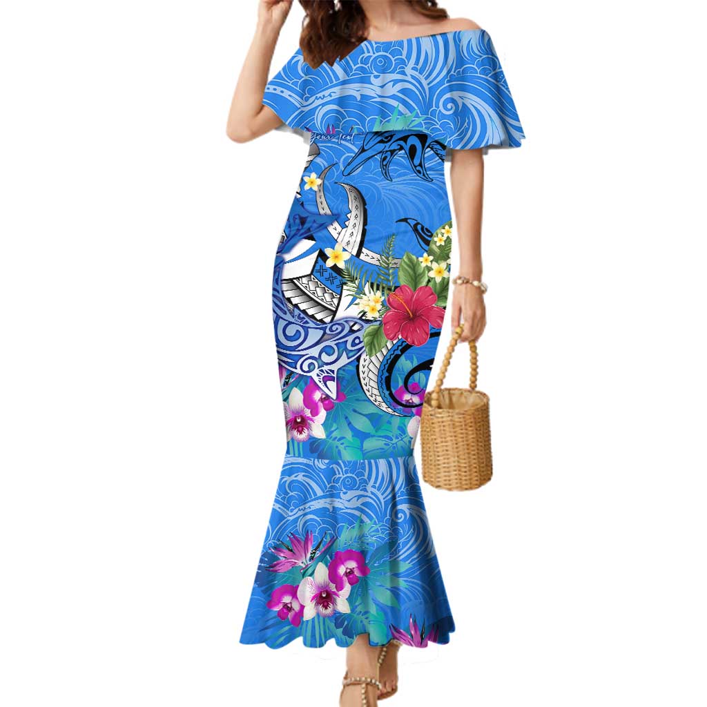 Aloha Hawaii Family Matching Mermaid Dress and Hawaiian Shirt Dolphins and Fish Hook Hibiscus DT02 Mom's Dress Blue - Polynesian Pride