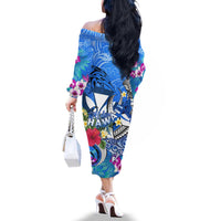 Aloha Hawaii Family Matching Off The Shoulder Long Sleeve Dress and Hawaiian Shirt Dolphins and Fish Hook Hibiscus