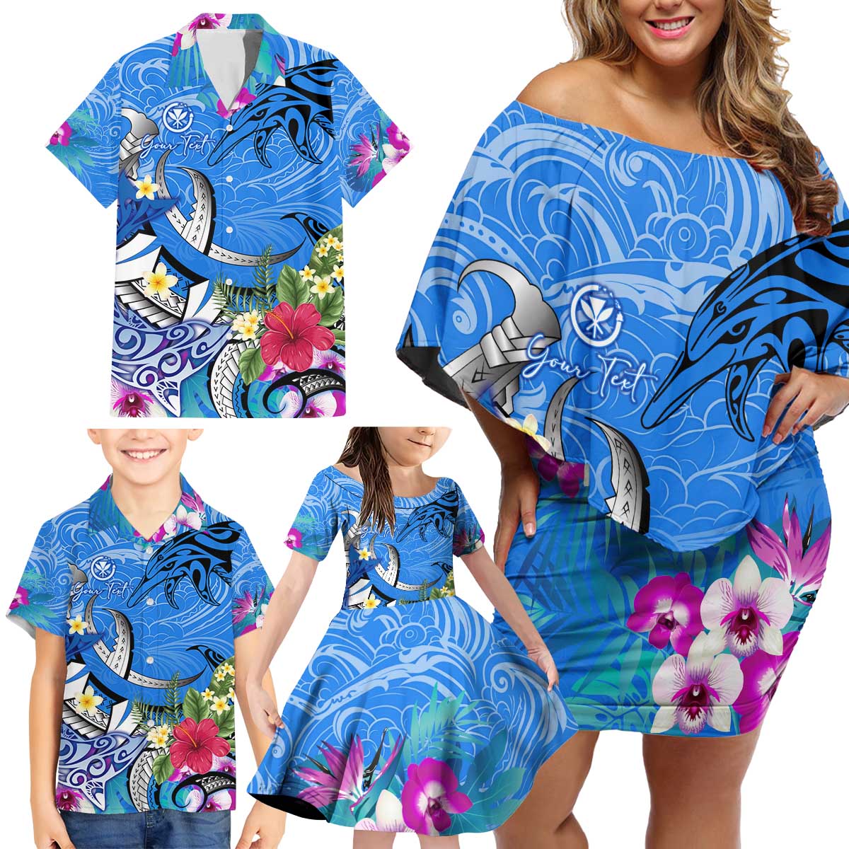 Aloha Hawaii Family Matching Off Shoulder Short Dress and Hawaiian Shirt Dolphins and Fish Hook Hibiscus