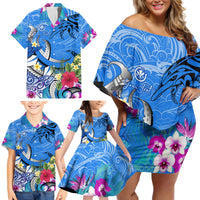 Aloha Hawaii Family Matching Off Shoulder Short Dress and Hawaiian Shirt Dolphins and Fish Hook Hibiscus