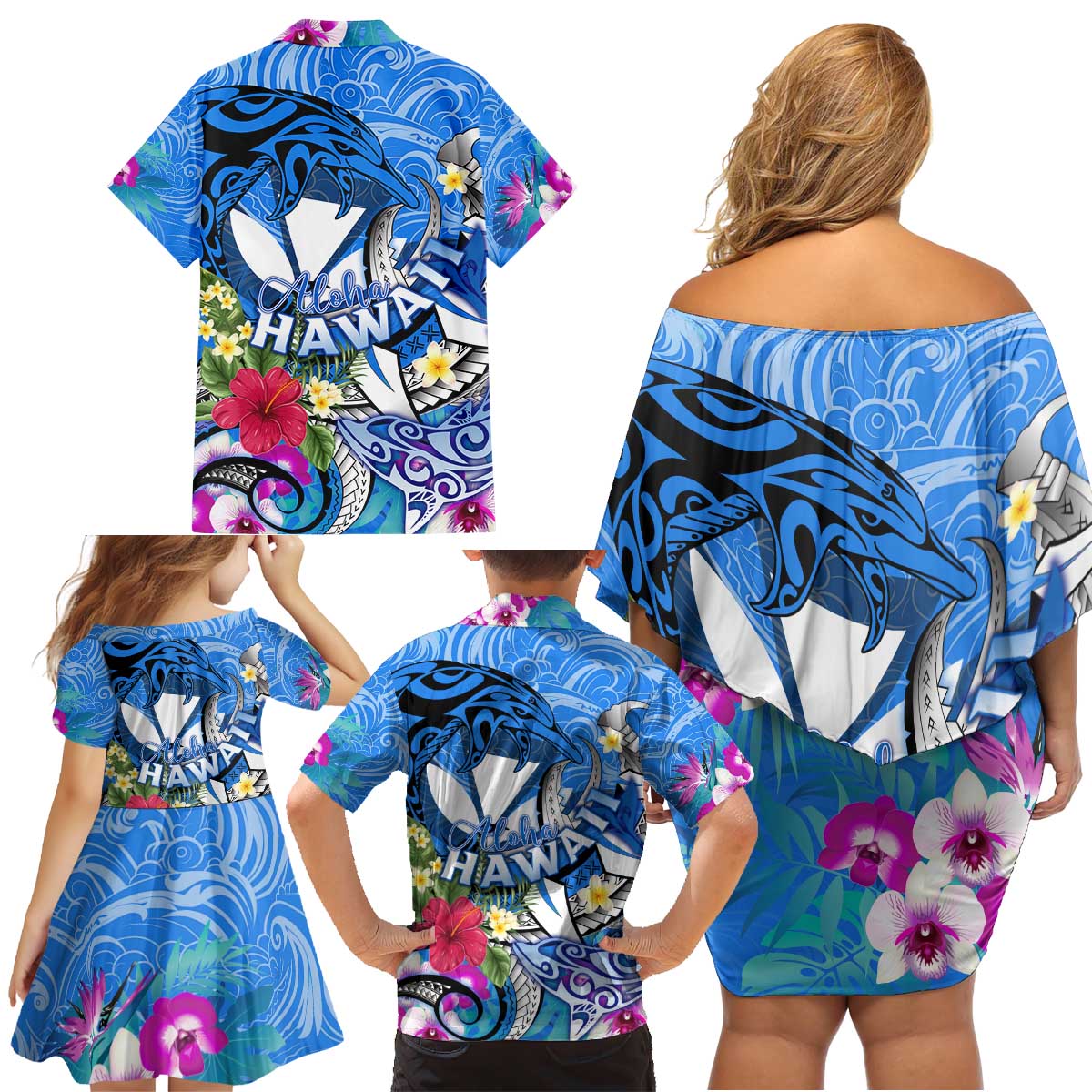 Aloha Hawaii Family Matching Off Shoulder Short Dress and Hawaiian Shirt Dolphins and Fish Hook Hibiscus