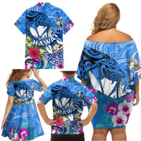 Aloha Hawaii Family Matching Off Shoulder Short Dress and Hawaiian Shirt Dolphins and Fish Hook Hibiscus