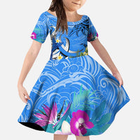 Aloha Hawaii Family Matching Short Sleeve Bodycon Dress and Hawaiian Shirt Dolphins and Fish Hook Hibiscus DT02 Daughter's Dress Blue - Polynesian Pride