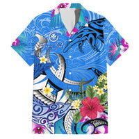Aloha Hawaii Family Matching Short Sleeve Bodycon Dress and Hawaiian Shirt Dolphins and Fish Hook Hibiscus DT02 Dad's Shirt - Short Sleeve Blue - Polynesian Pride