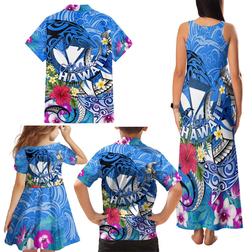 Aloha Hawaii Family Matching Tank Maxi Dress and Hawaiian Shirt Dolphins and Fish Hook Hibiscus