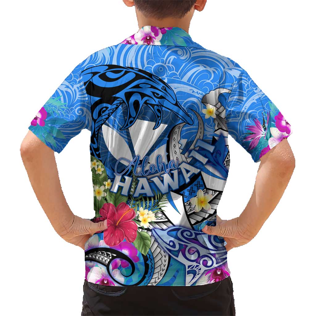Aloha Hawaii Kid Hawaiian Shirt Dolphins and Fish Hook Hibiscus