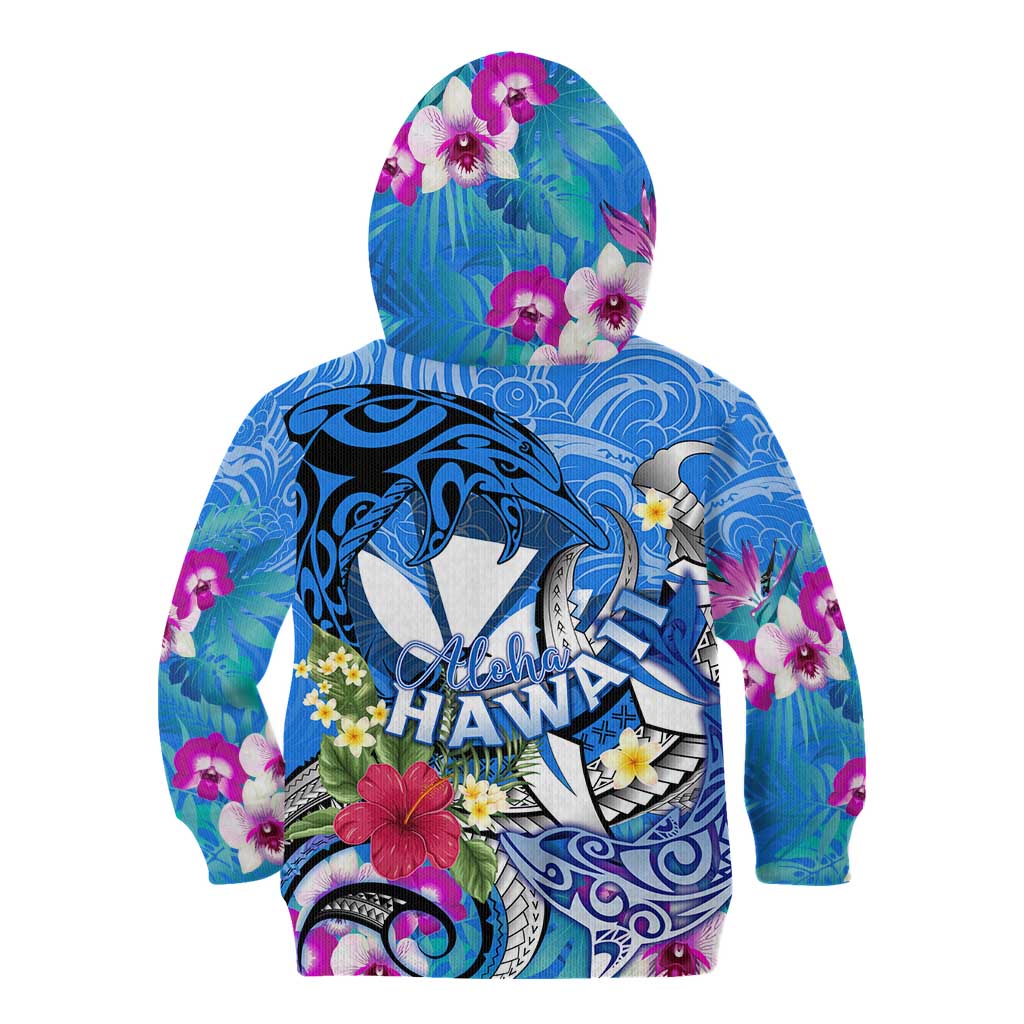 Aloha Hawaii Kid Hoodie Dolphins and Fish Hook Hibiscus
