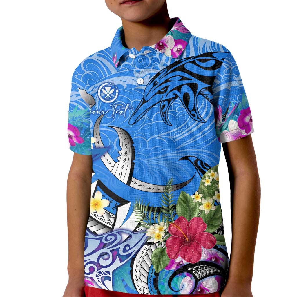 Aloha Hawaii Kid Polo Shirt Dolphins and Fish Hook Hibiscus DT02 Kid Blue - Polynesian Pride