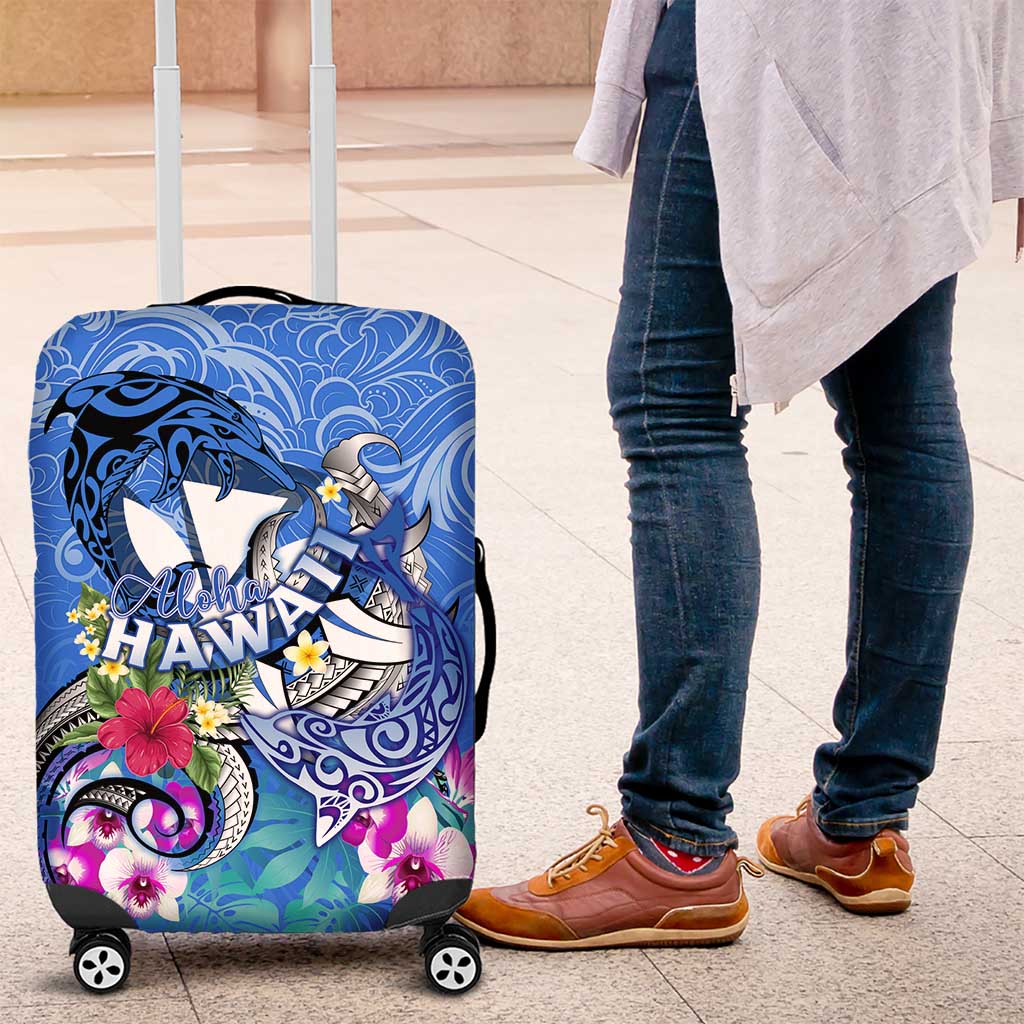 Aloha Hawaii Luggage Cover Dolphins and Fish Hook Hibiscus