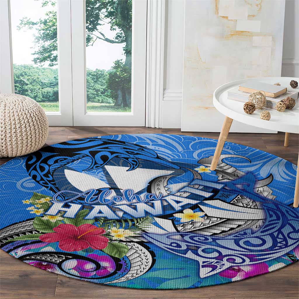 Aloha Hawaii Round Carpet Dolphins and Fish Hook Hibiscus