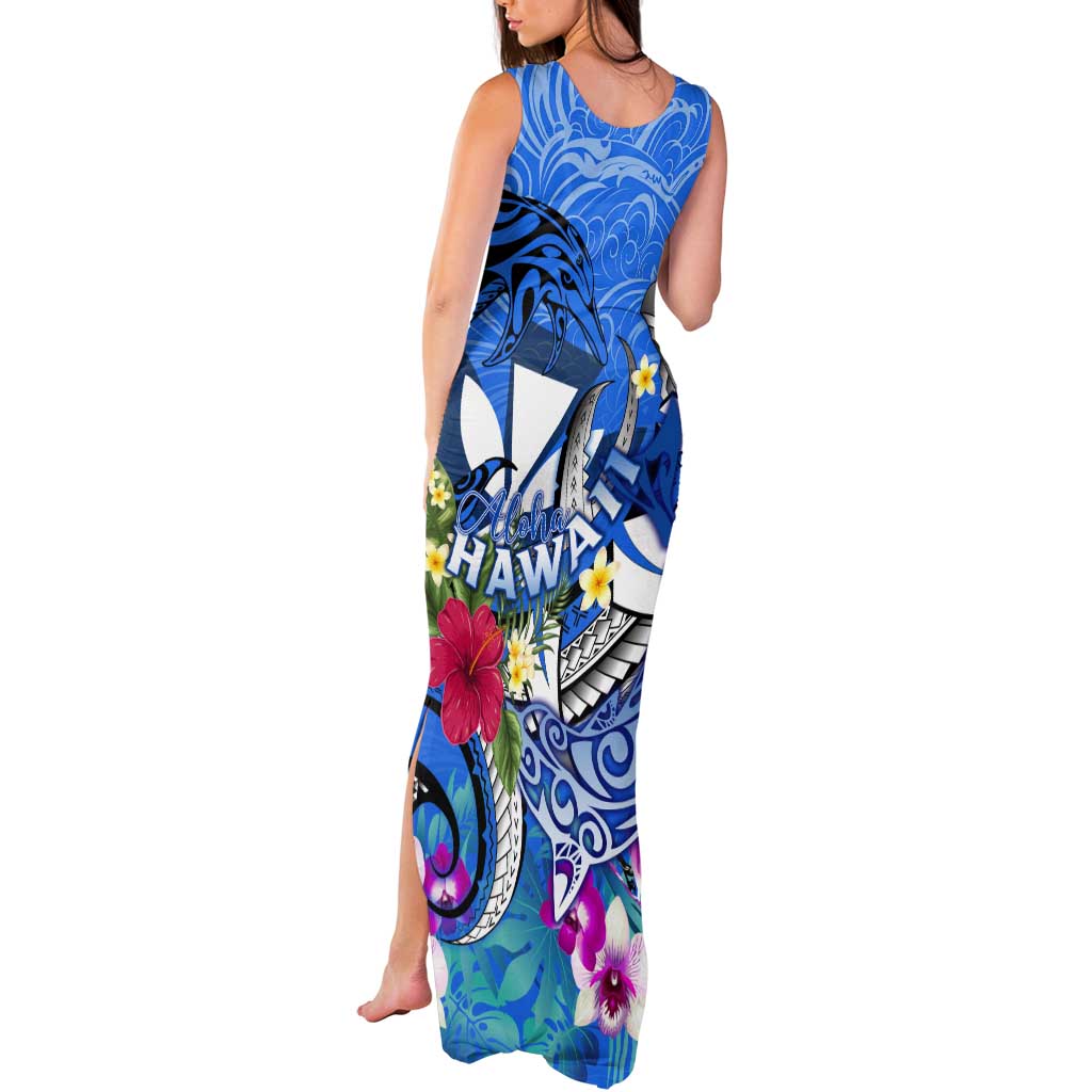Aloha Hawaii Tank Maxi Dress Dolphins and Fish Hook Hibiscus