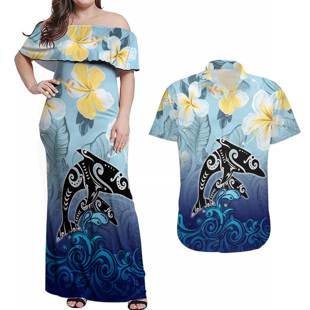 Mother And Baby Dolphins Couples Matching Off Shoulder Maxi Dress and Hawaiian Shirt Hawaii Hibiscus