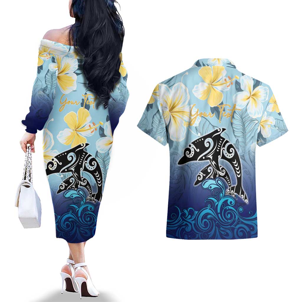 Mother And Baby Dolphins Couples Matching Off The Shoulder Long Sleeve Dress and Hawaiian Shirt Hawaii Hibiscus