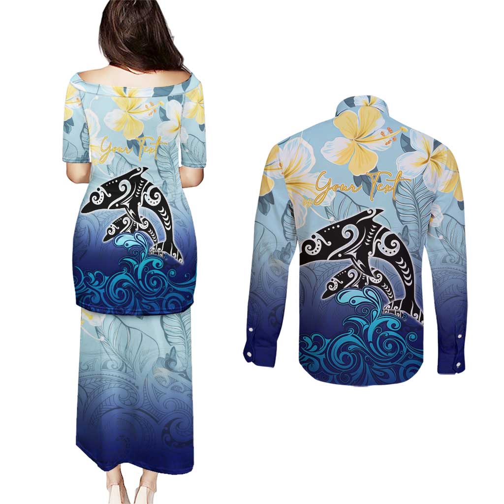 Mother And Baby Dolphins Couples Matching Puletasi and Long Sleeve Button Shirt Hawaii Hibiscus DT02 - Polynesian Pride