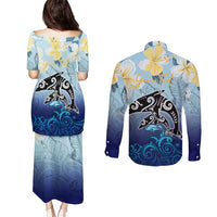 Mother And Baby Dolphins Couples Matching Puletasi and Long Sleeve Button Shirt Hawaii Hibiscus DT02 - Polynesian Pride