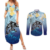 Mother And Baby Dolphins Couples Matching Summer Maxi Dress and Long Sleeve Button Shirt Hawaii Hibiscus DT02 Blue - Polynesian Pride