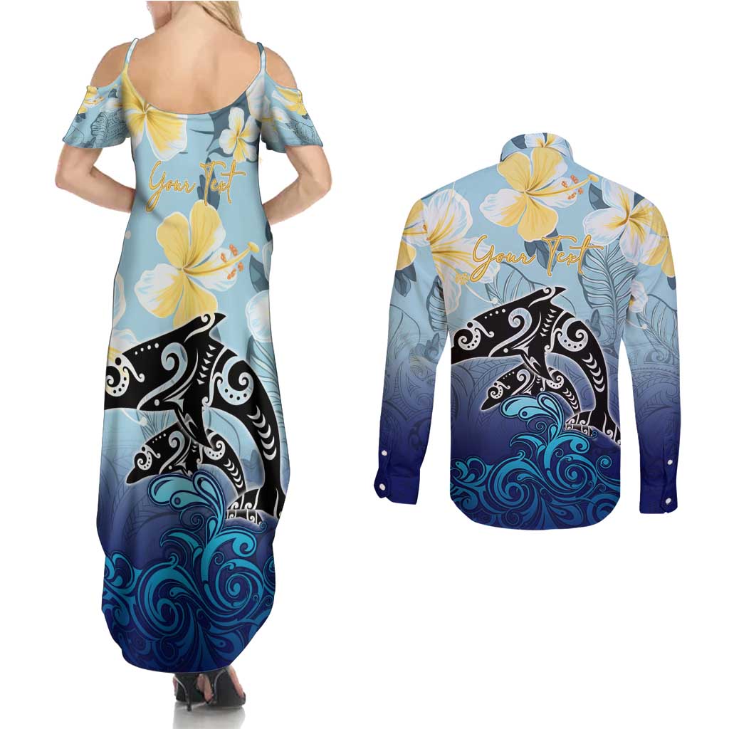 Mother And Baby Dolphins Couples Matching Summer Maxi Dress and Long Sleeve Button Shirt Hawaii Hibiscus DT02 - Polynesian Pride