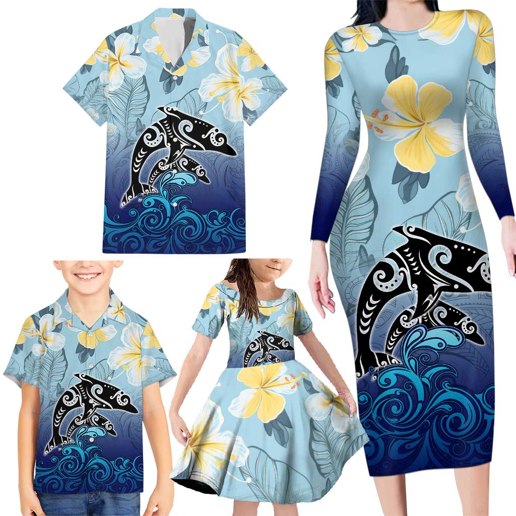 Mother And Baby Dolphins Family Matching Long Sleeve Bodycon Dress and Hawaiian Shirt Hawaii Hibiscus DT02 - Polynesian Pride