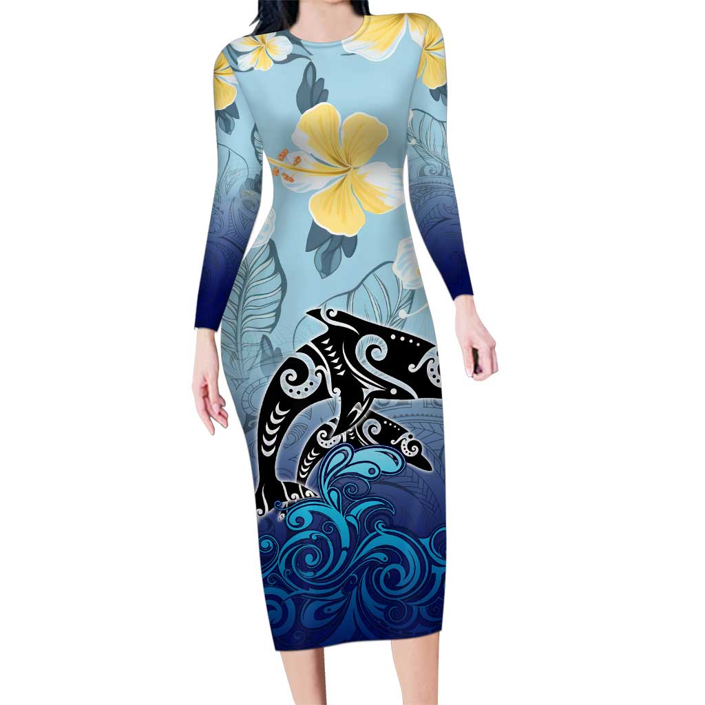 Mother And Baby Dolphins Family Matching Long Sleeve Bodycon Dress and Hawaiian Shirt Hawaii Hibiscus DT02 Mom's Dress Blue - Polynesian Pride