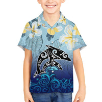 Mother And Baby Dolphins Family Matching Long Sleeve Bodycon Dress and Hawaiian Shirt Hawaii Hibiscus DT02 Son's Shirt Blue - Polynesian Pride