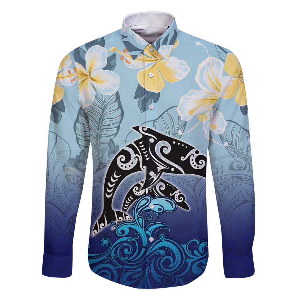Mother And Baby Dolphins Family Matching Mermaid Dress and Hawaiian Shirt Hawaii Hibiscus DT02 Dad's Shirt - Long Sleeve Blue - Polynesian Pride
