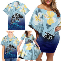 Mother And Baby Dolphins Family Matching Off Shoulder Short Dress and Hawaiian Shirt Hawaii Hibiscus