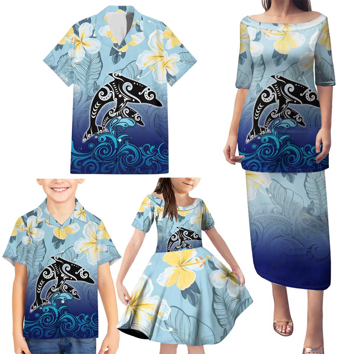 Mother And Baby Dolphins Family Matching Puletasi and Hawaiian Shirt Hawaii Hibiscus DT02 - Polynesian Pride