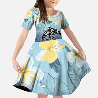 Mother And Baby Dolphins Family Matching Short Sleeve Bodycon Dress and Hawaiian Shirt Hawaii Hibiscus DT02 Daughter's Dress Blue - Polynesian Pride