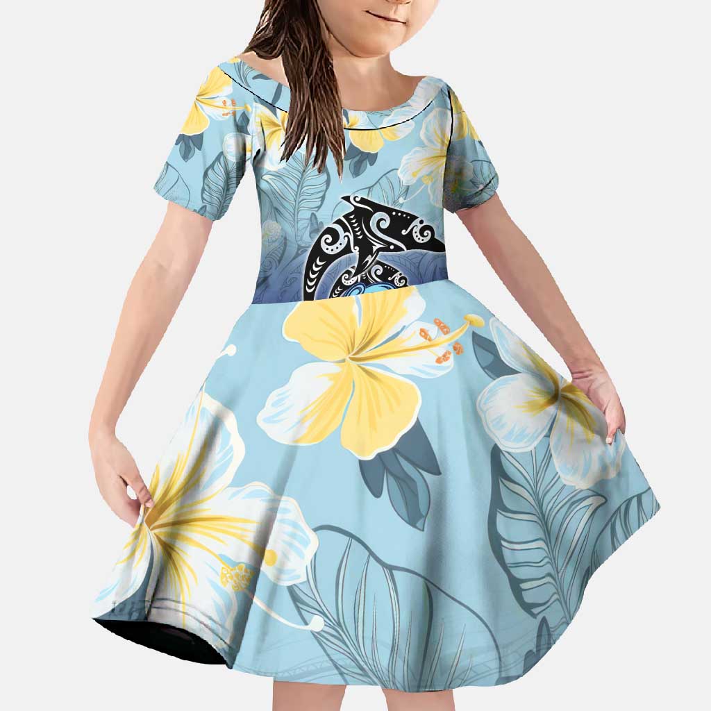 Mother And Baby Dolphins Family Matching Short Sleeve Bodycon Dress and Hawaiian Shirt Hawaii Hibiscus DT02 Daughter's Dress Blue - Polynesian Pride