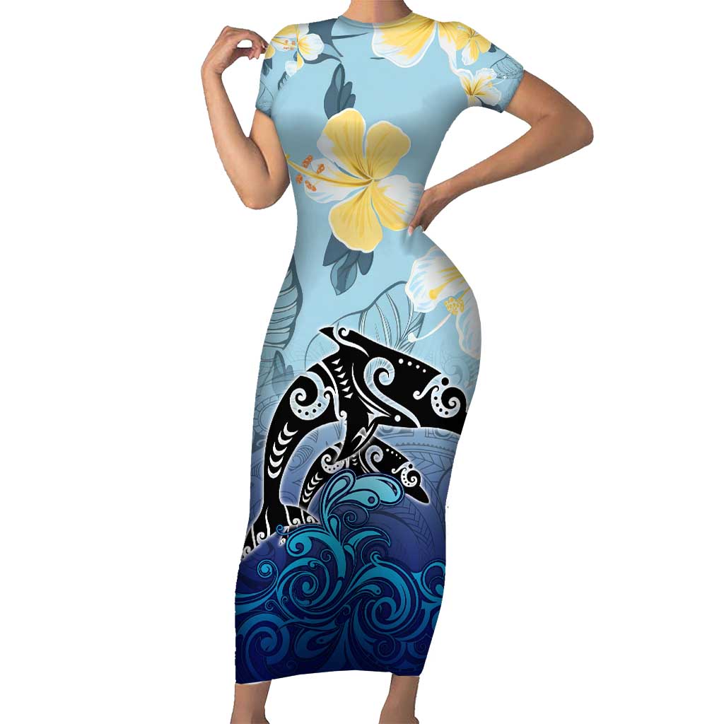 Mother And Baby Dolphins Family Matching Short Sleeve Bodycon Dress and Hawaiian Shirt Hawaii Hibiscus DT02 Mom's Dress Blue - Polynesian Pride