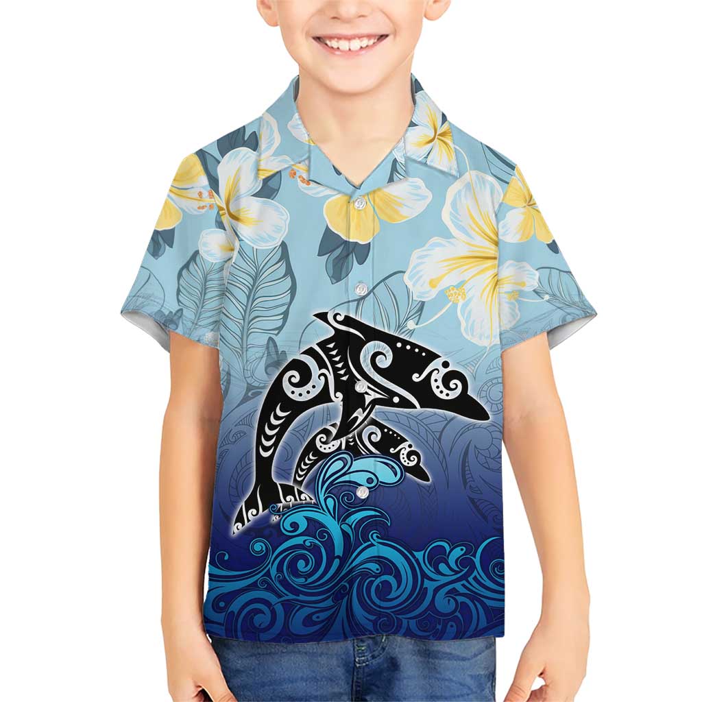 Mother And Baby Dolphins Family Matching Short Sleeve Bodycon Dress and Hawaiian Shirt Hawaii Hibiscus DT02 Son's Shirt Blue - Polynesian Pride