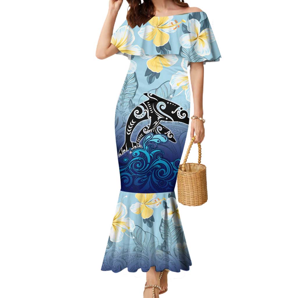 Mother And Baby Dolphins Mermaid Dress Hawaii Hibiscus DT02 Women Blue - Polynesian Pride