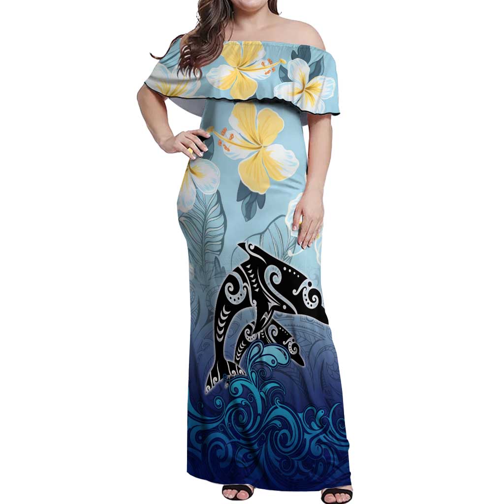 Mother And Baby Dolphins Off Shoulder Maxi Dress Hawaii Hibiscus DT02 Women Blue - Polynesian Pride