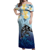 Mother And Baby Dolphins Off Shoulder Maxi Dress Hawaii Hibiscus DT02 Women Blue - Polynesian Pride