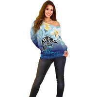 Mother And Baby Dolphins Off Shoulder Sweater Hawaii Hibiscus