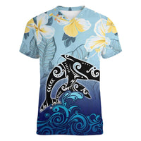 Mother And Baby Dolphins Women V-Neck T-Shirt Hawaii Hibiscus DT02 Female Blue - Polynesian Pride