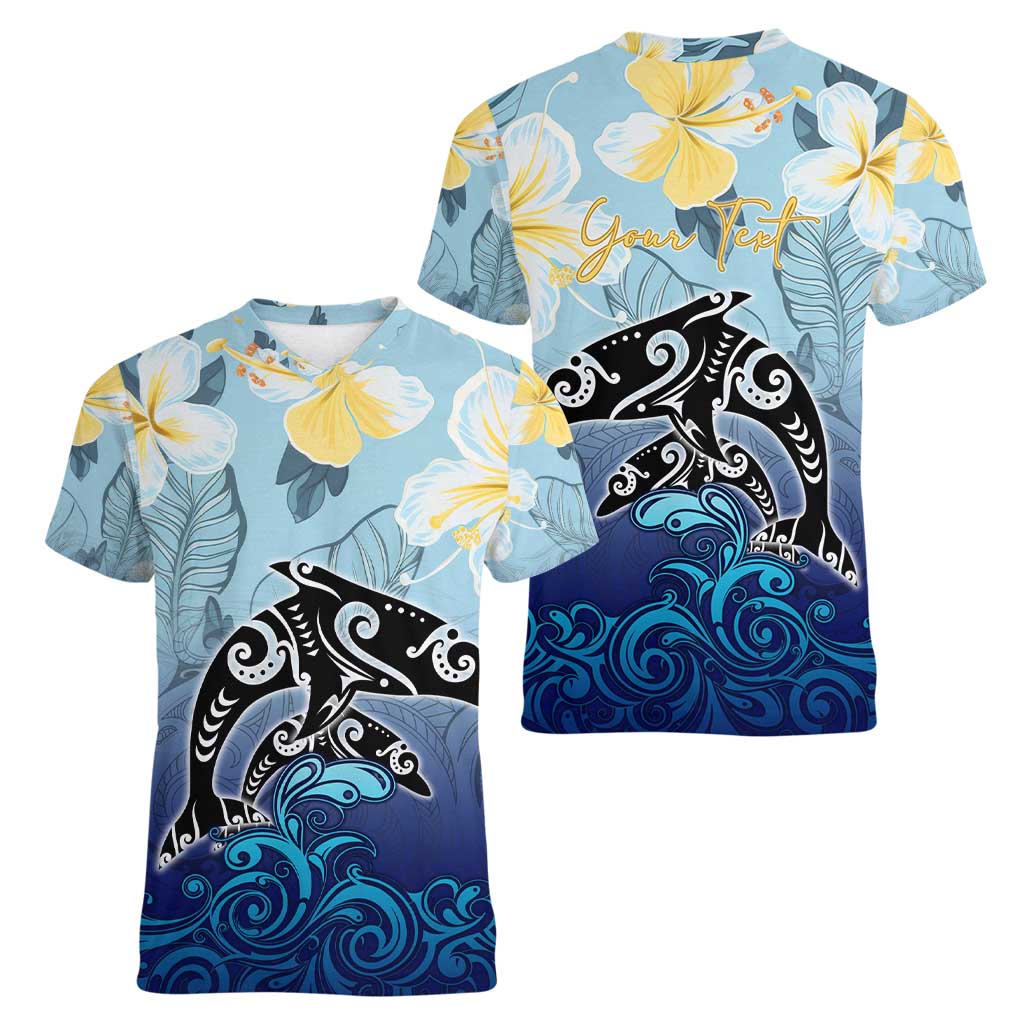 Mother And Baby Dolphins Women V-Neck T-Shirt Hawaii Hibiscus DT02 - Polynesian Pride