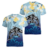Mother And Baby Dolphins Women V-Neck T-Shirt Hawaii Hibiscus DT02 - Polynesian Pride