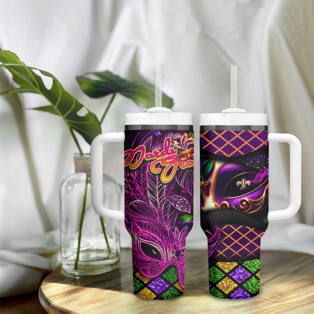 Happy Mardi Gras Tumbler With Handle Mask Feather Colorfull